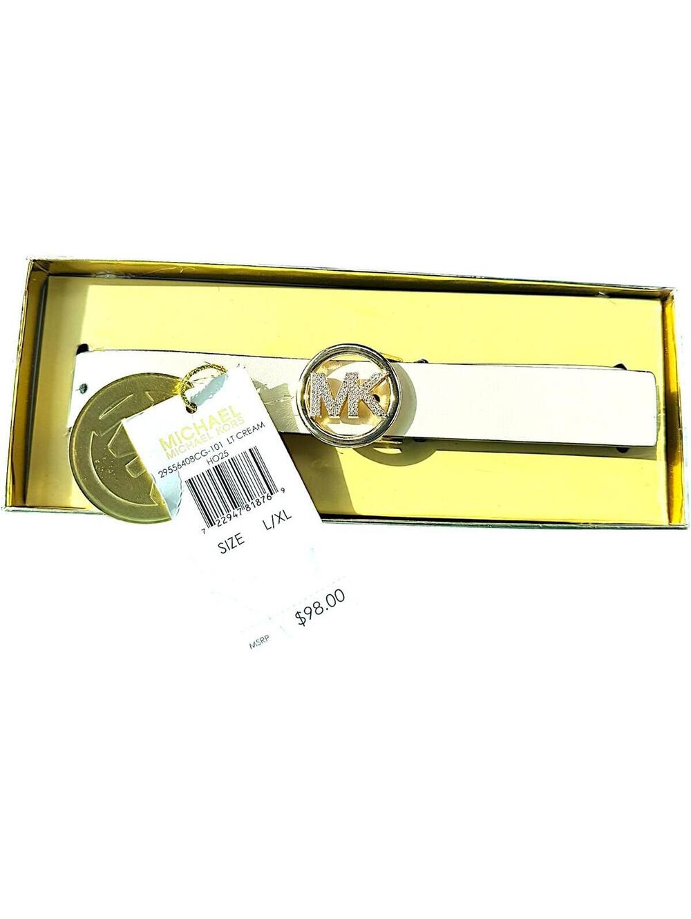 Michael Kors Light Cream Belt with Rhinestone MK Buckle, Size L/XL